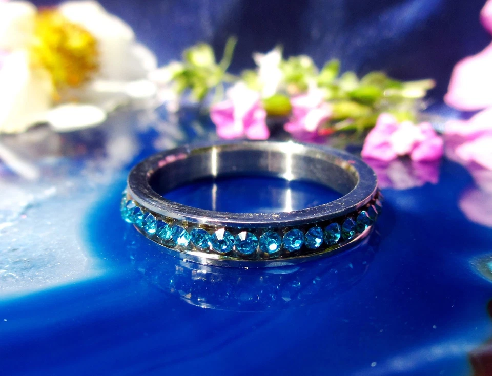 ☼ Ring Edelstahl Edelstahlring blau türkis Kristalle Bandring - Bild 3 von 3