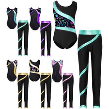 Kids Girls Set Skating Outfit Striped Leotard Training Pants Stage Dancewear