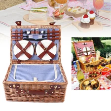 Vintage Wicker Picnic Basket with Latch & 19 Piece Colorful Picnic Ware Set