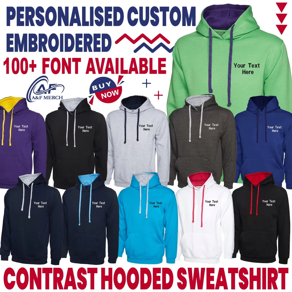Personalisiert Maßarbeit Bestickt Kontrast Kapuzenpulli Unisex Außen Freizeit - Bild 1 von 4