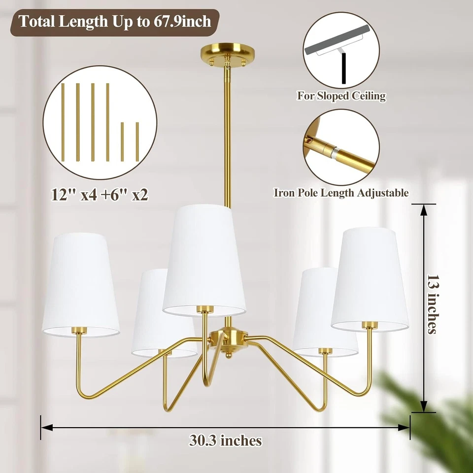 5-Light Modern Chandelier with White Shades, 30” Brass Gold Chandelier for Dinin - Image 2 of 4