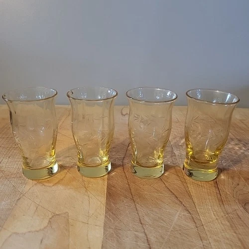 Set of 4 Yellow Depression Glass Etched Cordial Glasses, 3" T, AS IS