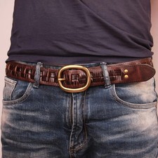 Leather Belt Genuine Cowhide Vintage Metal Buckle Men's Jeans Waist Fit Belts