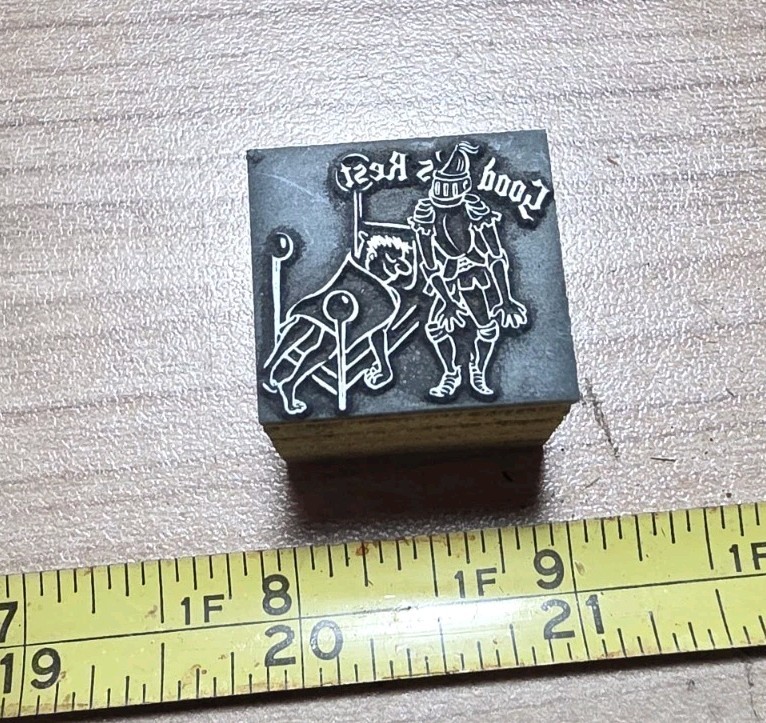 Vintage Letterpress Printing Block Good Knight's Rest Knight Bed Man Sleeping