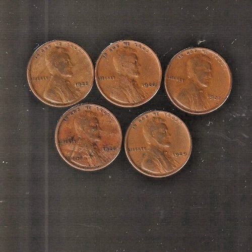 NICE  LOT of   5  FINE   LINCOLN CENTS  1925 1926 1927 1928 1929   RS COINS #17U