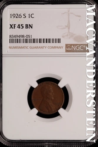 1926-S Lincoln Wheat Cent - NGC XF 45 BN - Scarce No Reserve #SLH226