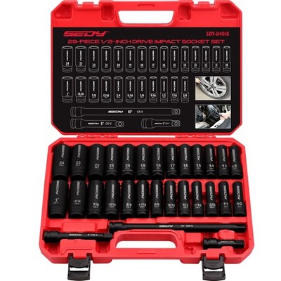 SEDY 29Pc 1/2'' Drive Impact Socket Set SAE Metric Deep & Shallow Case