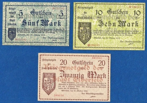 10 037 emergency money city of Elberfeld 5 + 10 + 20 Mark (complete), 25.10.1918-1.2.1919