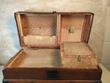 Antique Child’s Trunk Wood Travel Doll Camelback Domed Top Insert Handles Vtg