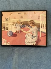 Vintage Nursery Room Picture Transfer On Wood Frame. With Mom And Baby