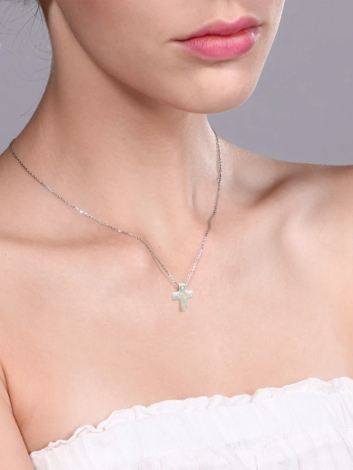 Unisex 12MM Created Opal Cross Pendant Necklace | 925 Sterling Silver | With - Image 3 of 4