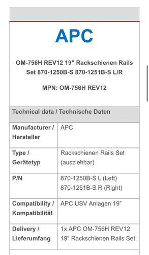 APC OM-756H REV12 19" Rackschienen Rails Set 870-1250B-S 870-1251B-S L/R - Photo 5/5