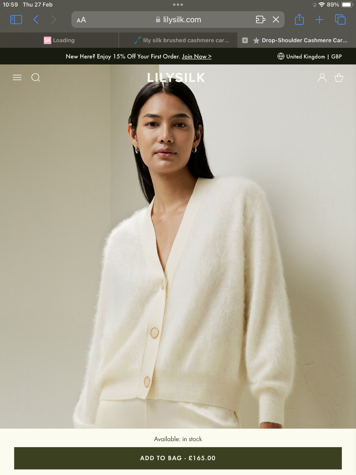 LILYSILK Hestia Brushed Cashmere V-Neck Ivory Cardigan Size M for Luxurious Comfort