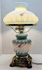Milk Glass Painted Roses Hurricane Parlor Brass 3-way Table Lamp Swirl Blue Pink