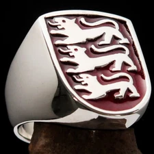 MENS STERLING SILVER SHIELD RING THREE 3 LIONS SEAL COAT OF ARMS RED SIZE 10.5
