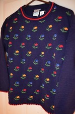 Polar Floral Navy Blue Acrylic Soft Knit Vaporwave Youth Girls L 14 Sweater NEW
