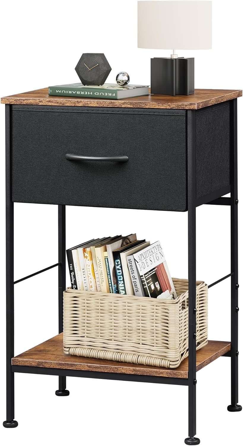 Nightstand with Fabric Drawer and Open Wood Shelf for Bedside Functionality-image