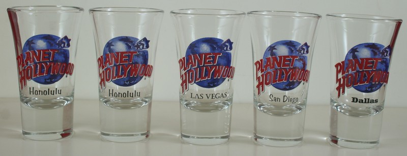 LOT of 5 PLANET HOLLYWOOD Shot Glasses Honolulu (x2) Las Vegas San Diego Dallas