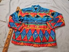 Vintage Chicos Jacket Womens Size 2 Multicolor 90s Southwestern Geometric Silk