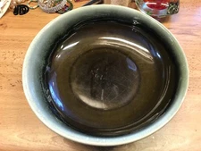 Vintage Green Brown Drip Glaze Pottery Serving Bowl Dish 8 1/2" Mid Century 