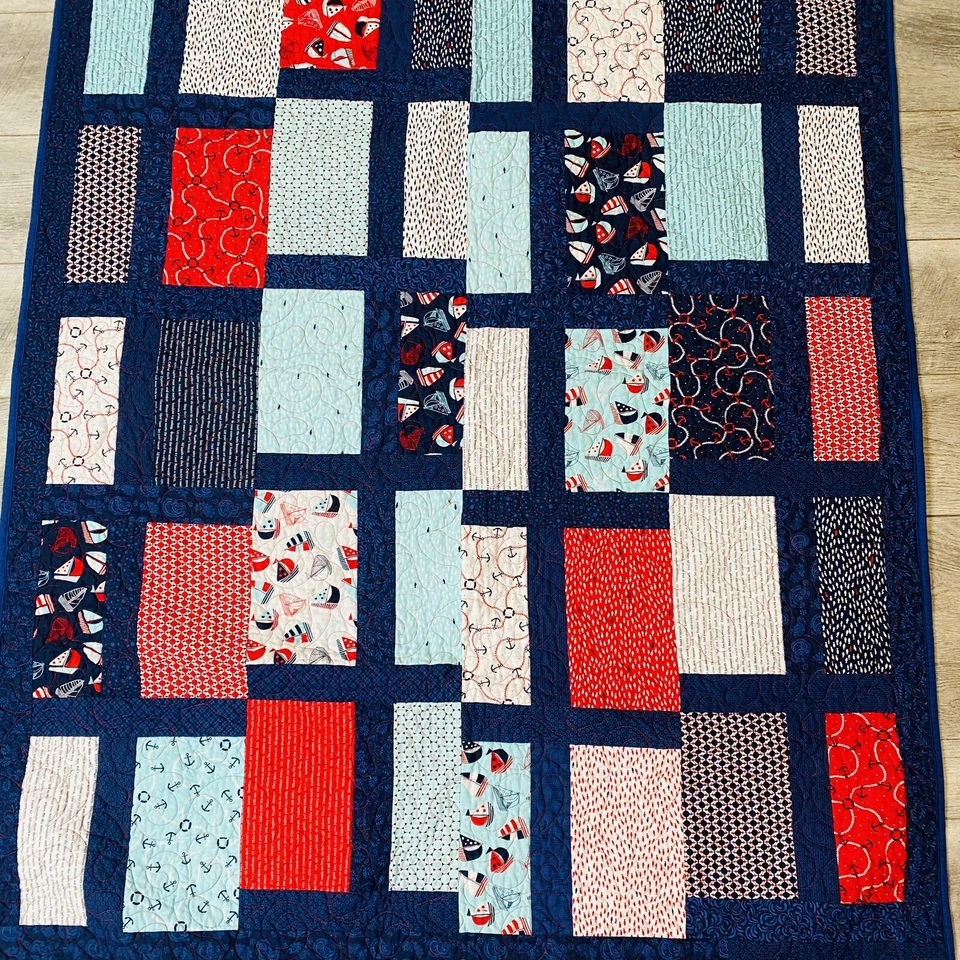 Edredón Azul Velero Veleros Barco Hecho a Mano Doble Lado Cuna Guardería Manta Foto 3 de 4