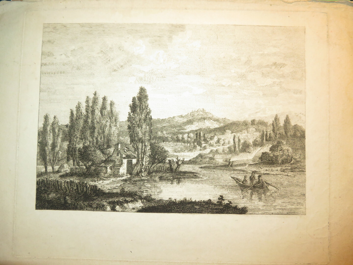 ESCUELA FRANCESA XVIII GRABADO AGUA FUERTE PAISAJE ANIME LAGO CAMPESINO BARCA...