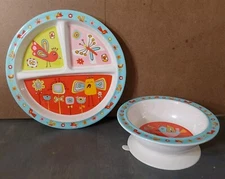 Sugar Booger Kids Divided Plate Suction Bowl Set Melamine BIrds Flowers