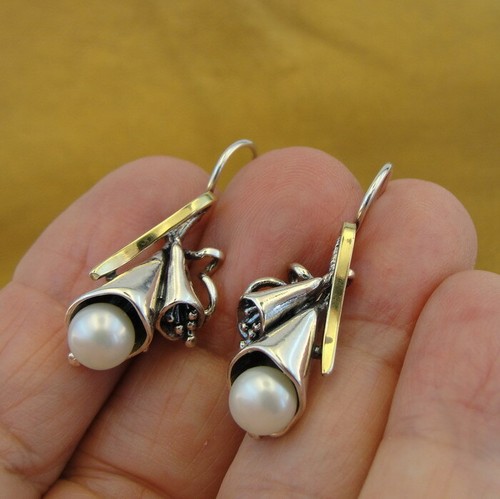 Hadar Designers 9k Yellow Gold 925 Silver Pearl Pendat Earrings Set Handmade (MS - Picture 9 of 12