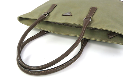Auth PRADA Green Canvas and Brown Leather Tote Bag Purse