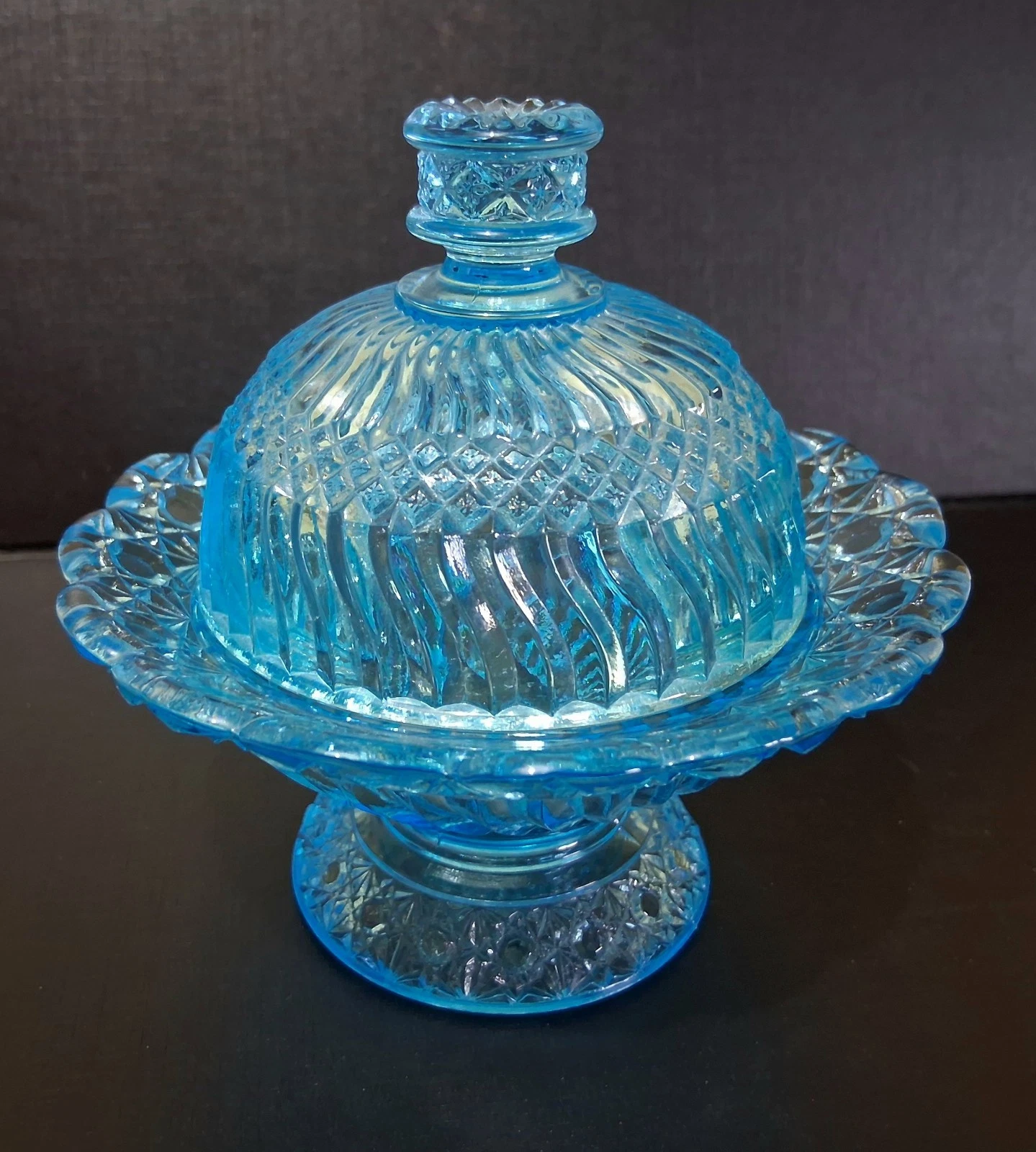 Windsor Glass Co. Jersey Swirl Aqua Blue Butter Dish RARE!