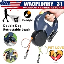 Dual Retractable Dog Leash with LED Light 360 Tangle-Free Reflective Leads Blue