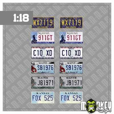 MONKEY SIGNS Kennzeichen Set USA 1:18 US License Plates Decals für Modellautos Diorama Set B