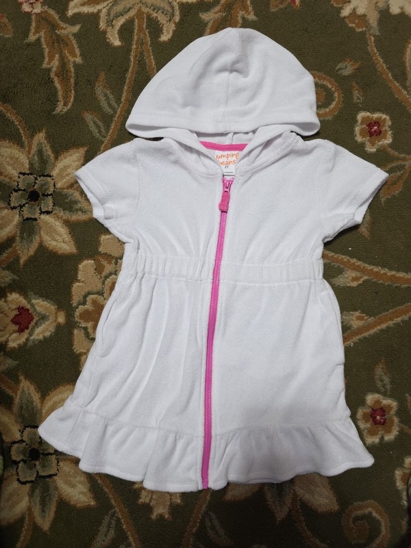 Girls Sz 2T White Hooded Swimsuit Cover Up With Pockets And Pink Zipper