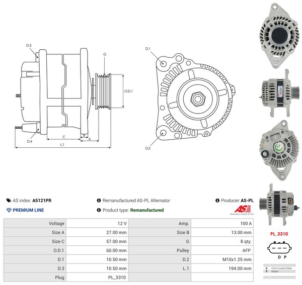 AS-PL Lichtmaschine Generator 100A Passend FüR Mazda CX-7 6 Kombi Er Gh Bl-image