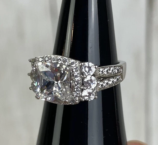 Sterling Silver 925 Hallo CZ Ring Signed JCL Size 6 Engagement Anniversary - Image 3 of 4