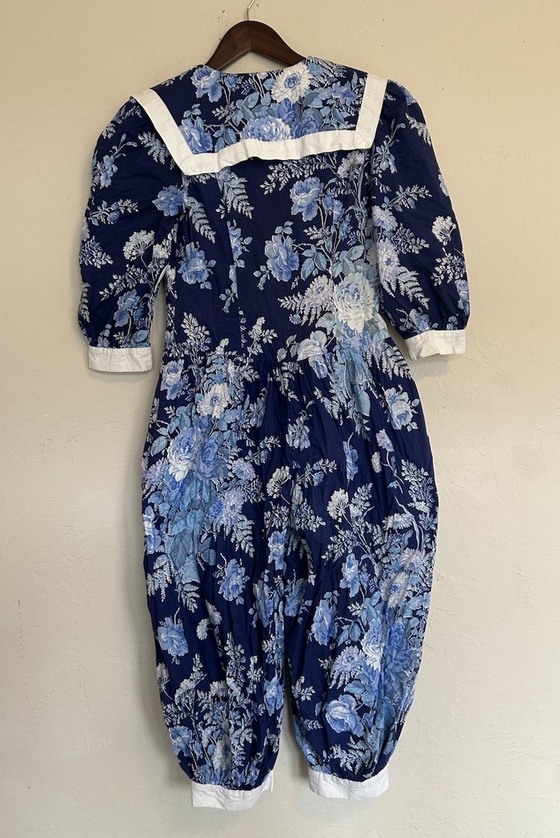 Vintage 80s 90s Blue Floral Sailor Collar Jumpsuit Balloon Leg