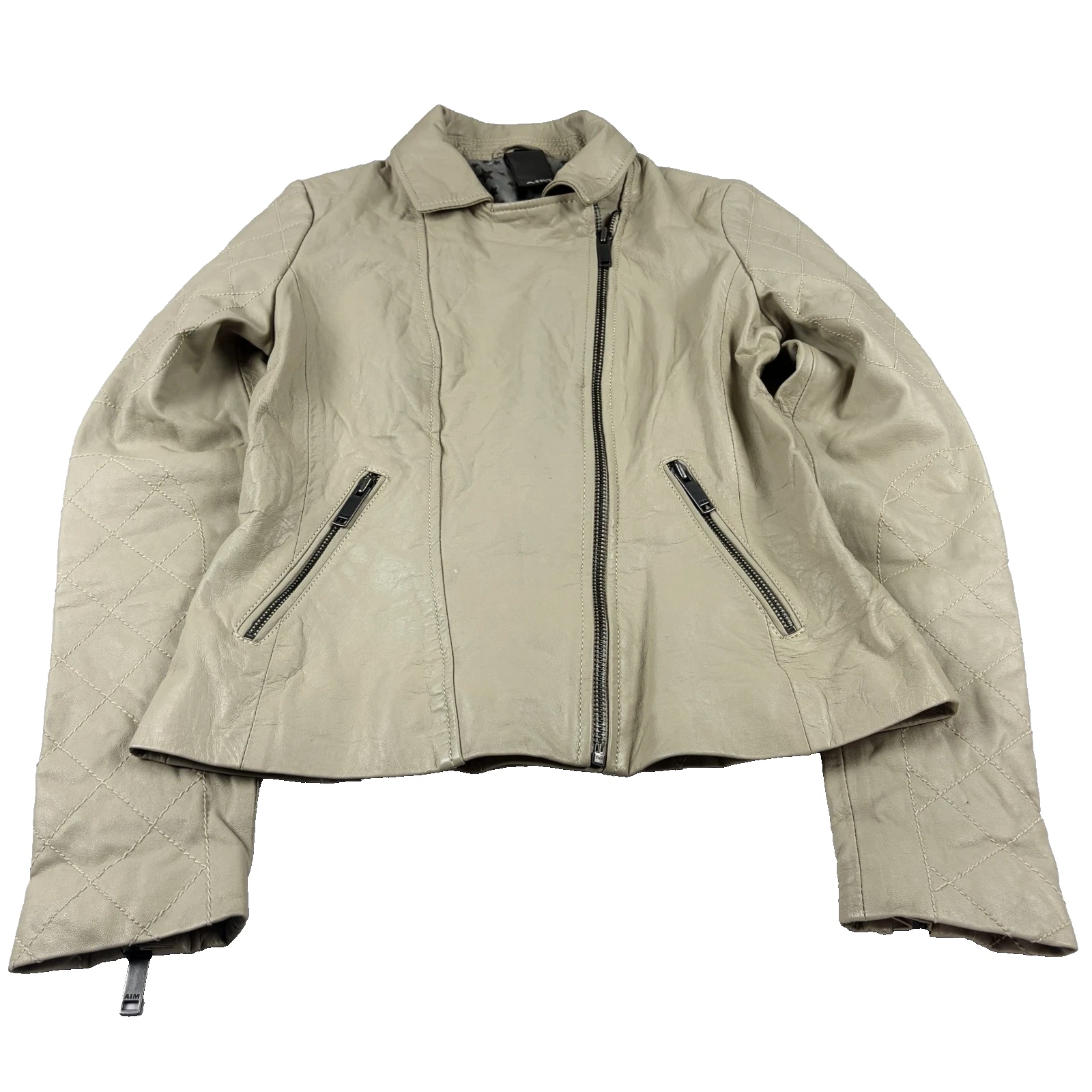 Women's Cream Leather Biker Jacket Quilted Moto Cropped Motorcycle Style Coat