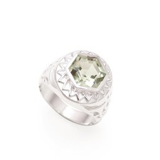 Natural Green Amethyst Hexagon Charm Ring Solid Silver Boho Jewelry For Lovers