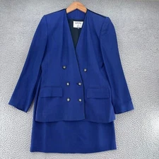 Kasper Suit Set Womens 6 Blue Double Breasted Blazer Pleated Midi Skirt Career