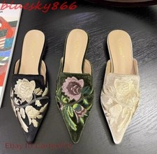 Women Velvet Pointed Toe embroidery Floral Mules Shoes Flats Slipper Casual
