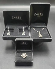 Zales Tear Drop Shape Sterling Silver w/ small White & Chocolate Diamonds 3P Set