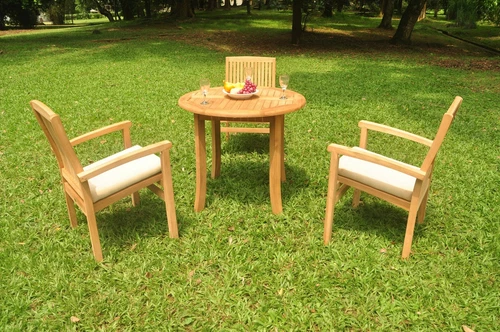 4pc Grade-A Teak Dining Set 36" Round Table 3 Wave Stacking Arm Chair Outdoor