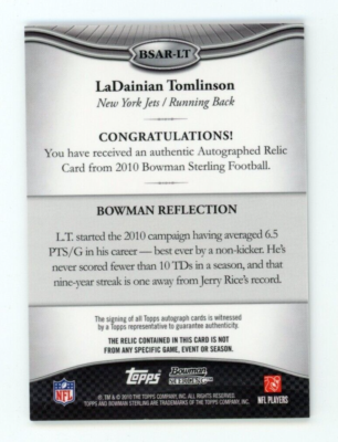 その他 Bowman Relics Auto LaDainian Tomlinson 2010 Bowman Sterling Ladainian Tomlinson Auto Jersey Patch