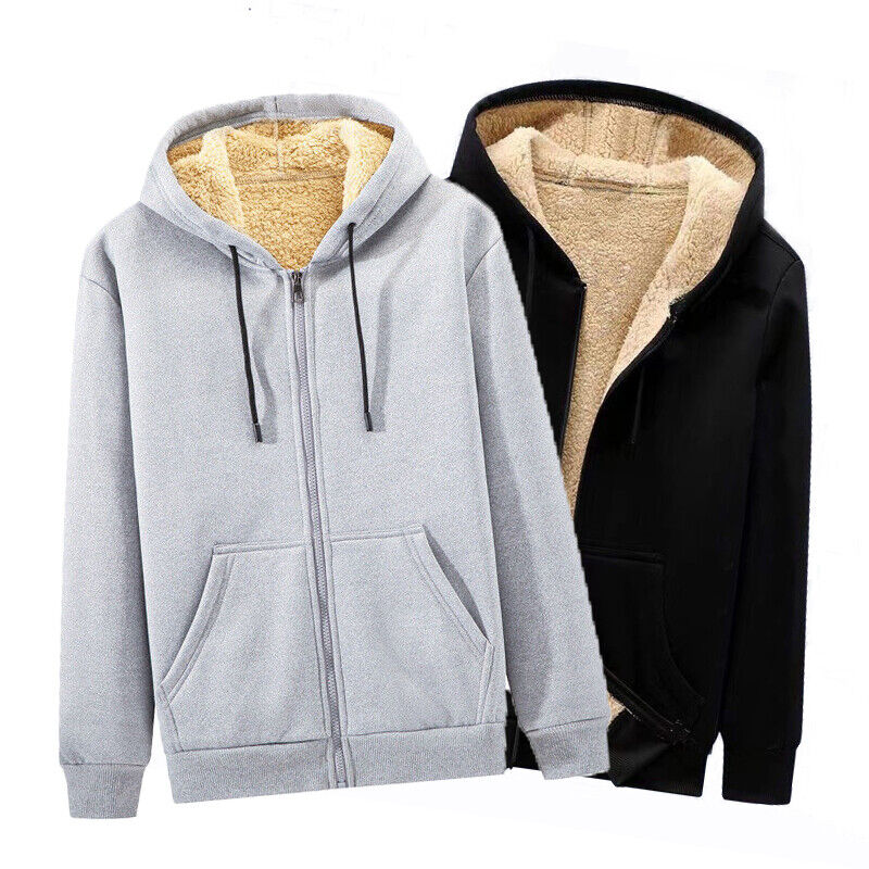 Fleece Hoodie Men Warm Full Zip Faux Fur Lined Hooded Sweatshirt Winter  Jacket