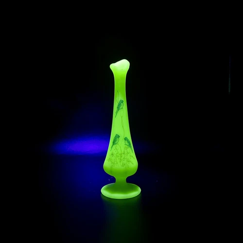 VTG Fenton Uranium Custard Glass Hand painted Blue Birds Swung Vase 8” Signed