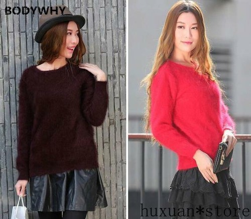 Womens Ladies Winter Rabbit Fur Mink Cashmere Warm Sweater Fluffy Fuzzy ...