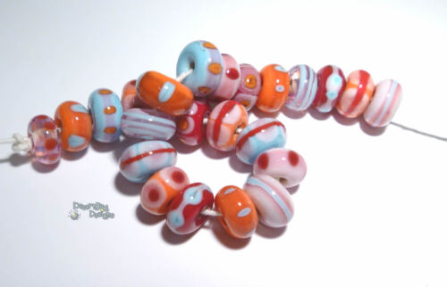 A LITTLE DRAMA Handmade Lampwork Beads- Red Pink Coral Aqua Blue - Organic Round