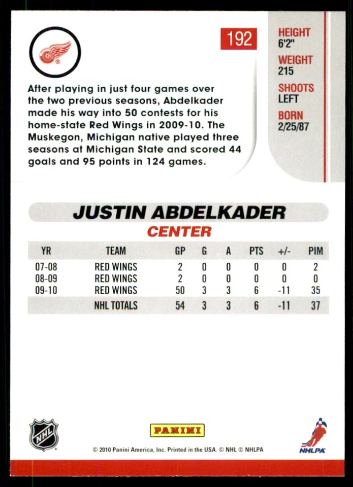 2010-11 Score Justin Abdelkader #192 - Image 2 of 2