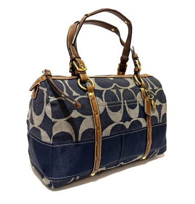 NICE Coach Signature Striped Blue Denim Medium Zip Satchel Tote