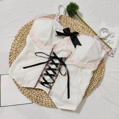 Damen Tanktop Spitze Kordel Corsage Träger Bow Crisscross Lacing Slim Fit